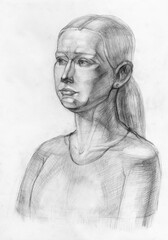 educational portrait of young woman with hair in ponytail, drawn by hand with graphite pencil on white paper