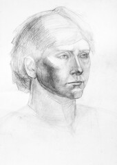 Study portrait of boy hand-drawn by graphite pencil on white paper - 760850356