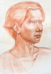 Study portrait of guy hand-drawn by sanguine pastel on white paper - 760850358