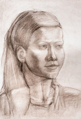 Study portrait of girl with ponytail hair hand-drawn in sepia pastel on white paper - 760850397