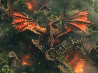Epic dragon over ancient ruins breathing fire - A colossal dragon perched atop age-old ruins emitting a powerful breath of fire