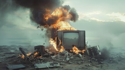 Exploding television in a dramatic wasteland - A dramatic scene of a vintage television set exploding amidst debris signalling the end of an era of technology - obrazy, fototapety, plakaty