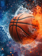 Fiery water basketball concept illustration - A dynamic image of a basketball caught in a dramatic clash of fire and water elements, creating an intense energy feel