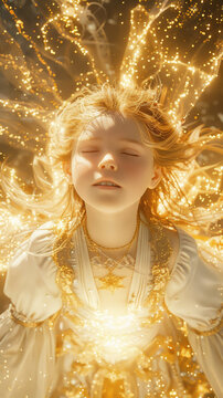 Girl surrounded by golden light effects - A young girl with eyes closed, surrounded by shimmering golden particles and light effects, depicting serenity or magic