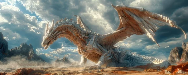 Poster Imposing dragon guarding rocky terrain - The digital art showcases a mythic dragon standing fiercely amidst a rocky landscape accented by dramatic cloudy skies © Tida