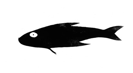 Silhouette of sea fish drawn by hand with stamp with black tempera paint on white paper - 760850956