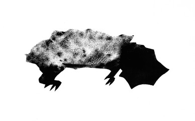 Silhouette of alligator snapping turtle drawn by hand with stamp with black tempera paint on white paper - 760850961