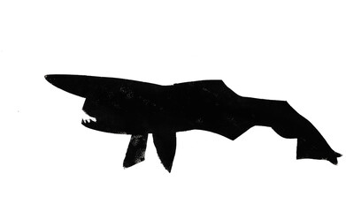 Silhouette of Goblin shark drawn by hand with stamp with black tempera paint on white paper - 760850964
