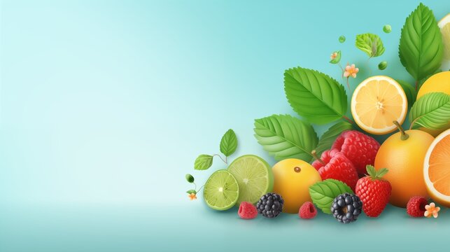 Banner or background with 3d fruits and berries. Fresh fruit and leaves and place for text.