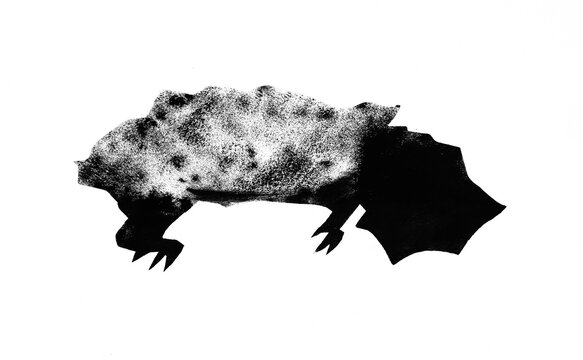 Silhouette of alligator snapping turtle drawn by hand with stamp with black tempera paint on white paper