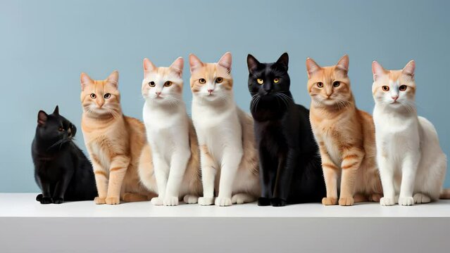 A row of diverse cats sit calmly, showcasing a variety of coat colors and patterns. This serene scene captures the beauty and tranquility of domestic felines.