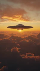 Poster An alien flying saucer floating above the clouds at sunset, photo realistic © Natali