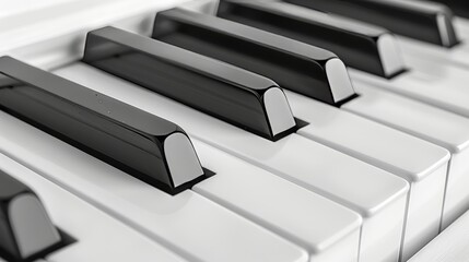 Detailed monochrome close up image of black and white piano keyboard in intricate view