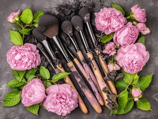 Set of cosmetics and beauty tools, brushes and blush