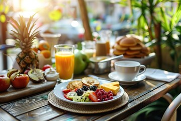 Tasty breakfast with fruits and glass of juice in cafe on sunlights background