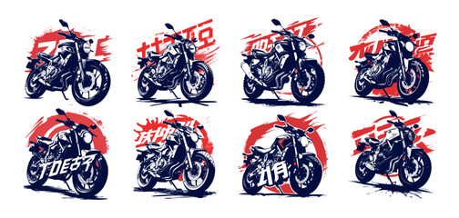 Street motorcycles with asian characters color ink sketch concepts. Modern moto vehicles collection road high speed models. Vector illustrations isolated on white background