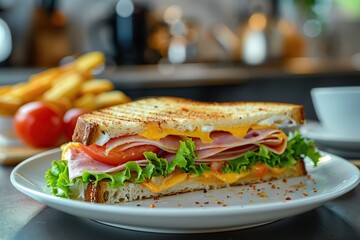 Toast sandwich with cheese, turkey ham, tomato and fresh lettuce on blurred cafe background - Powered by Adobe