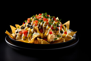 Treat yourself to a mouthwatering serving of nachos adorned with creamy cheese sauce, elegantly presented in a bowl on a stylish  Generative AI,