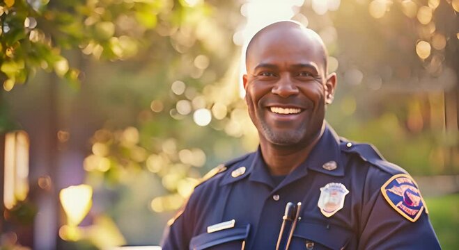 Radiating Confidence Happy African American Police Officer with Radio Set, Blurred Outdoor Background, Professionalism and Positivity in Law Enforcement