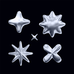 Obraz premium Set of 3D monochrome metal shape elements for Y2K style design on a black background. Monochrome metal surface.