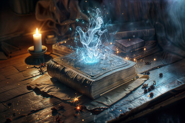 An open magic book on a desk with a glowing magical spell on top of it. - 760851938