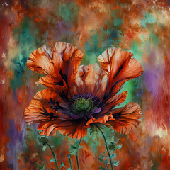 Delicate Poppy Flower on Red Grunge Background with Soft Pastel Textures Gen AI
