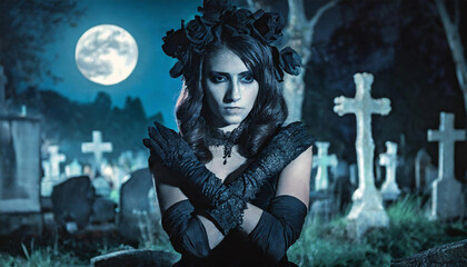 Grief in a graveyard, woman in black with black roses. Concept of mental illness. 