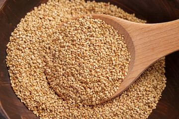 Sesame seasoning seeds in wooden spoon in brown bowl. Culinary ingredients