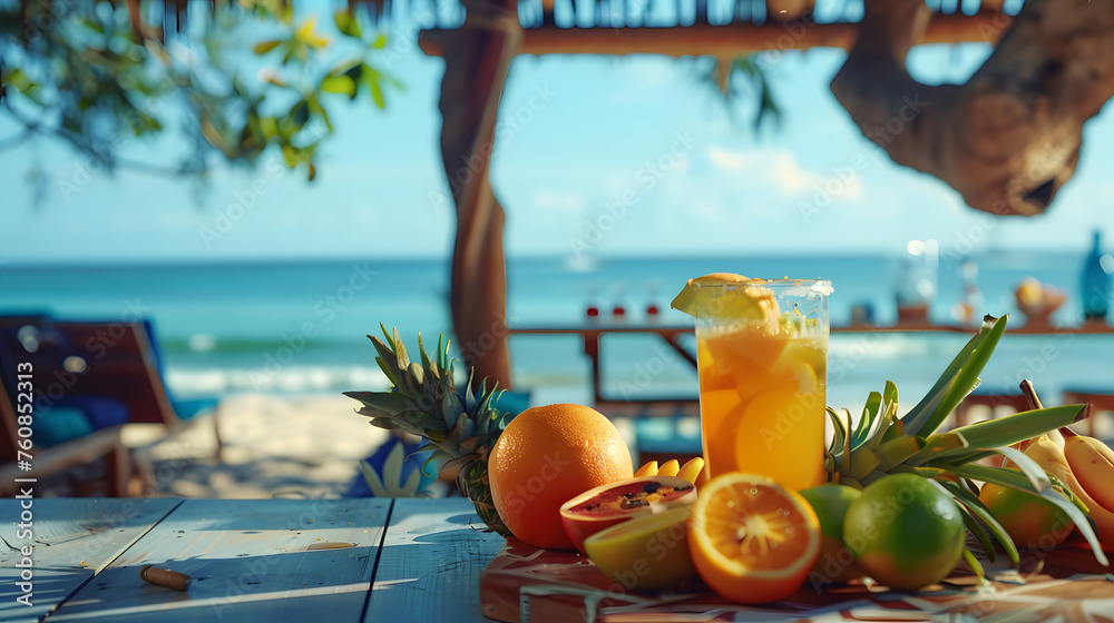 Wall mural beach bar table with food and cocktail drinks on a mediterranean seaside in summer time.