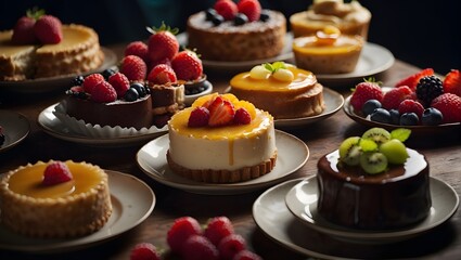 The image displays an array of delectable desserts, including cheesecakes and tarts, garnished with vibrant, fresh fruits on a dark background

 - obrazy, fototapety, plakaty
