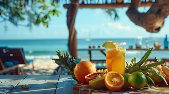Beach bar table with food and cocktail drinks on a Mediterranean seaside in summer time.