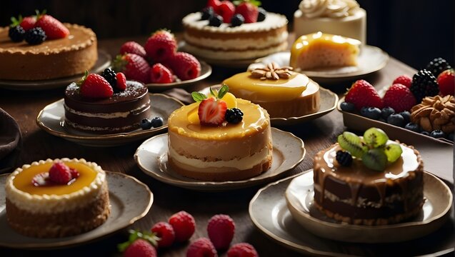 The image displays an assortment of delicious cakes, each uniquely designed and topped with fresh berries, elegantly presented against a dark background
