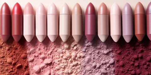 A number of lipsticks line up in color.
Concept: cosmetic brands, beauty and fashion, window dressing and online stores, copy space template