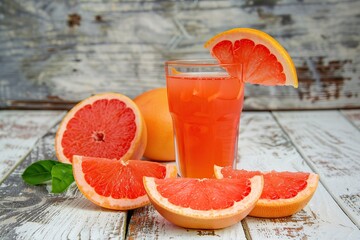 Glass of grapefruit juice with fresh fruit on wooden background
