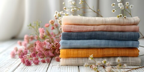 Gentle and Delicate Baby Fabrics in a Stack of Calming Colors. Concept Baby Fabrics, Delicate Textures, Calming Colors, Gentle Stacks - obrazy, fototapety, plakaty