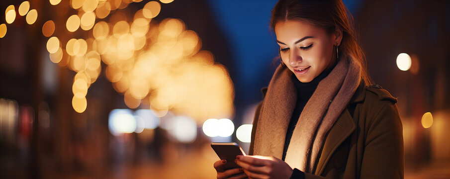  Close up of a young pretty washed up girl looking at her mobile phone with the illuminated city in the background.
