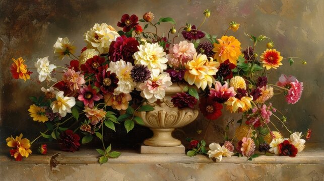 a painting of a vase full of flowers on a ledge in front of a painting of a vase full of flowers on a ledge in front of a painting of flowers.