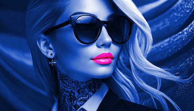 Closeup of a beautiful blonde girl with tattoos and sunglasses. Photo has all blue hues other than bright pink lips. AI generated.