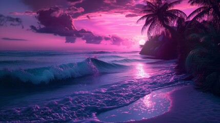 Tranquil neon waves gently lapping against the shores of a virtual paradise island. - obrazy, fototapety, plakaty