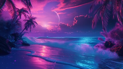 Tranquil neon waves gently lapping against the shores of a virtual paradise island. - obrazy, fototapety, plakaty