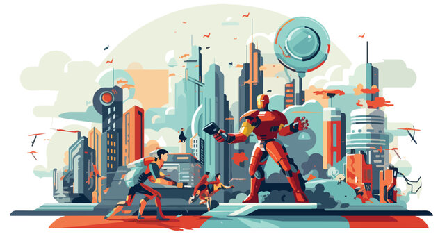 A team of superheroes battling an evil robot in a f