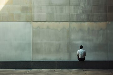 Lonely man sitting against a textured wall - A man in solitude sits against a large, abstract textured wall, contemplating life, overshadowed by the enormity of the structure - obrazy, fototapety, plakaty