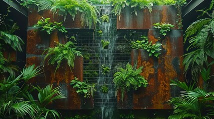 Industrial Oasis - A fusion of raw metal and lush greenery in a vertical garden with a tranquil...