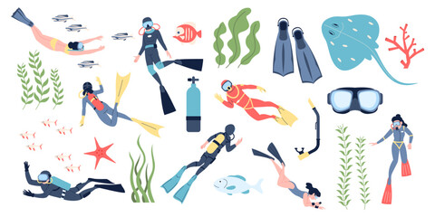 Diving elements for professional scuba divers and vacations. People swimming underwater with fish, sea ocean explorer, recent marine collection