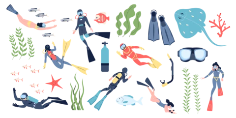 Poster Diving elements for professional scuba divers and vacations. People swimming underwater with fish, sea ocean explorer, recent marine collection © LadadikArt