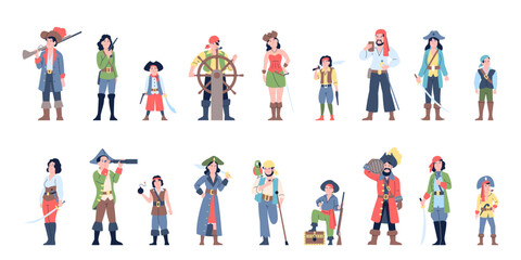 Fototapeta na wymiar Male and female pirates. Corsair and ship team, children and adults in theater or performance costumes. Marine adventures, tales recent vector characters