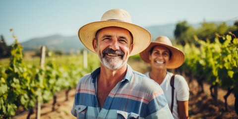 Fototapeta premium Senior farmers in straw hat working in vineyard. Posing. Generative AI.