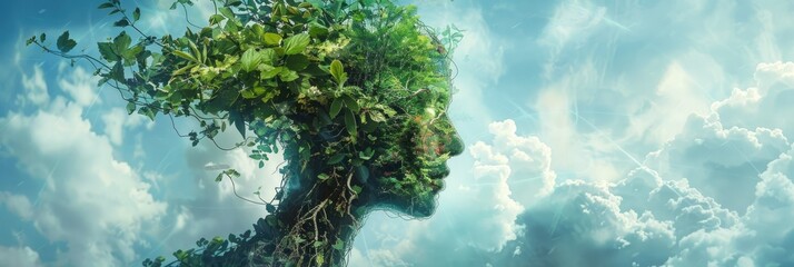 Profile of a woman with greenery features - An artistic portrayal of a woman's profile merging with elements of nature, symbolizing the deep connection between humans and the natural world