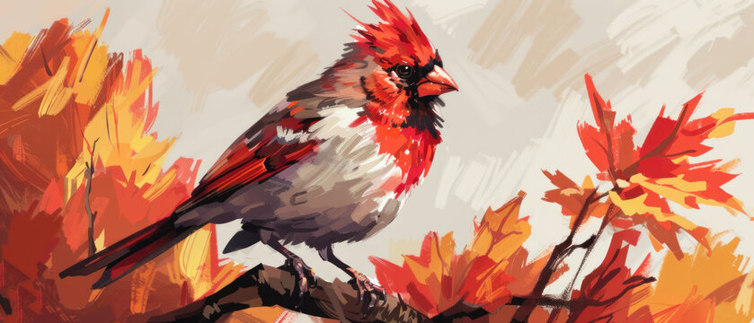 a painting of a cardinal perched on a branch with autumn leaves in the foreground and a gray sky in the background.
