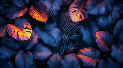 Abstract composition depicting blue tropical leaves of monstera on dark blue background. Texture of golden leaves contrasts with background. Atmosphere of mystery, luxury, sophistication, charm.